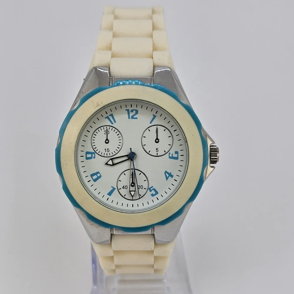 Unisex Analog Watch 40MM White Dial Cream Plastic Bands New Battery‎